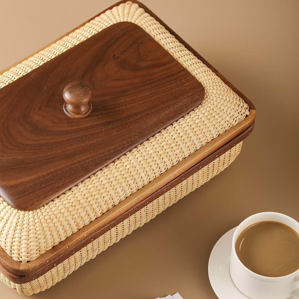 Modern Rattan and Solid Wood Storage Basket - Square Woven Jewelry Box, Fruit Basket for Living Room & Dining Table Decor | Home Organization & Stylish Storage Solution