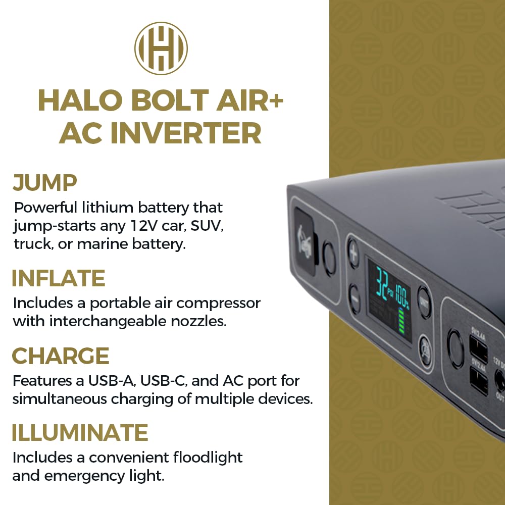 HALO Bolt Air+ Portable Car Jump Starter with Built-in Air Compressor, 58800mAh Power Bank with Digital Display for Phones & Tablets - Emergency Vehicle Battery Booster & AC Inverter for Road Trips & Outdoor Adventures