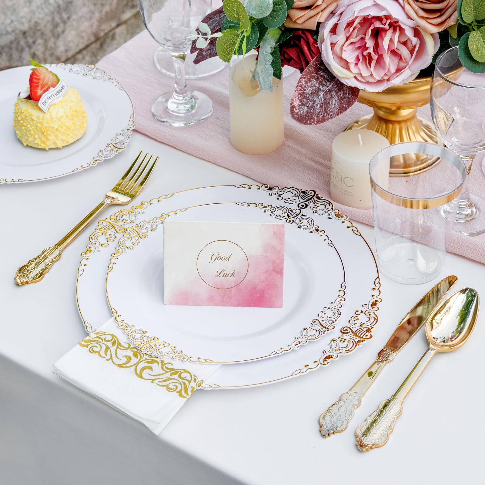 Premium 350-Piece Gold Disposable Dinnerware Set - 100 Elegant Plates, 150 Plastic Silverware, 50 Cups & 50 Napkins - Perfect for Weddings, Parties & Large Gatherings (50 Guests) - Ideal for Outdoor Events, Catering & Special Occasions