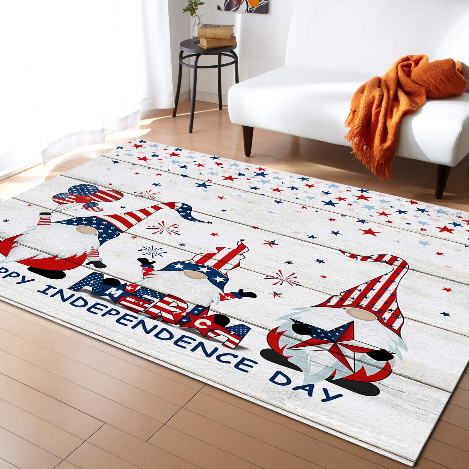 4th of July Patriotic Area Rug - 5'x8' Washable Indoor/Outdoor Rug with Rustic Wood Gnome Design, Perfect for Bedroom, Living Room, Kitchen & Bathroom - Great for Independence Day Decor & Year-Round Home Accent