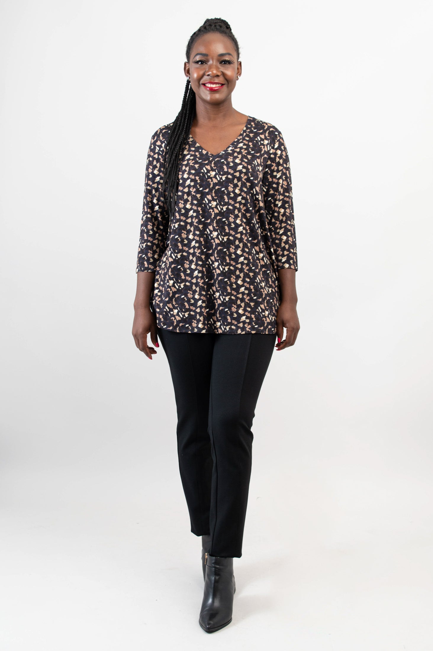 Jackie 3/4 Sleeve Women's Top - Soft Bamboo Fabric with Calico Print - Breathable & Comfortable for Yoga, Work & Casual Wear