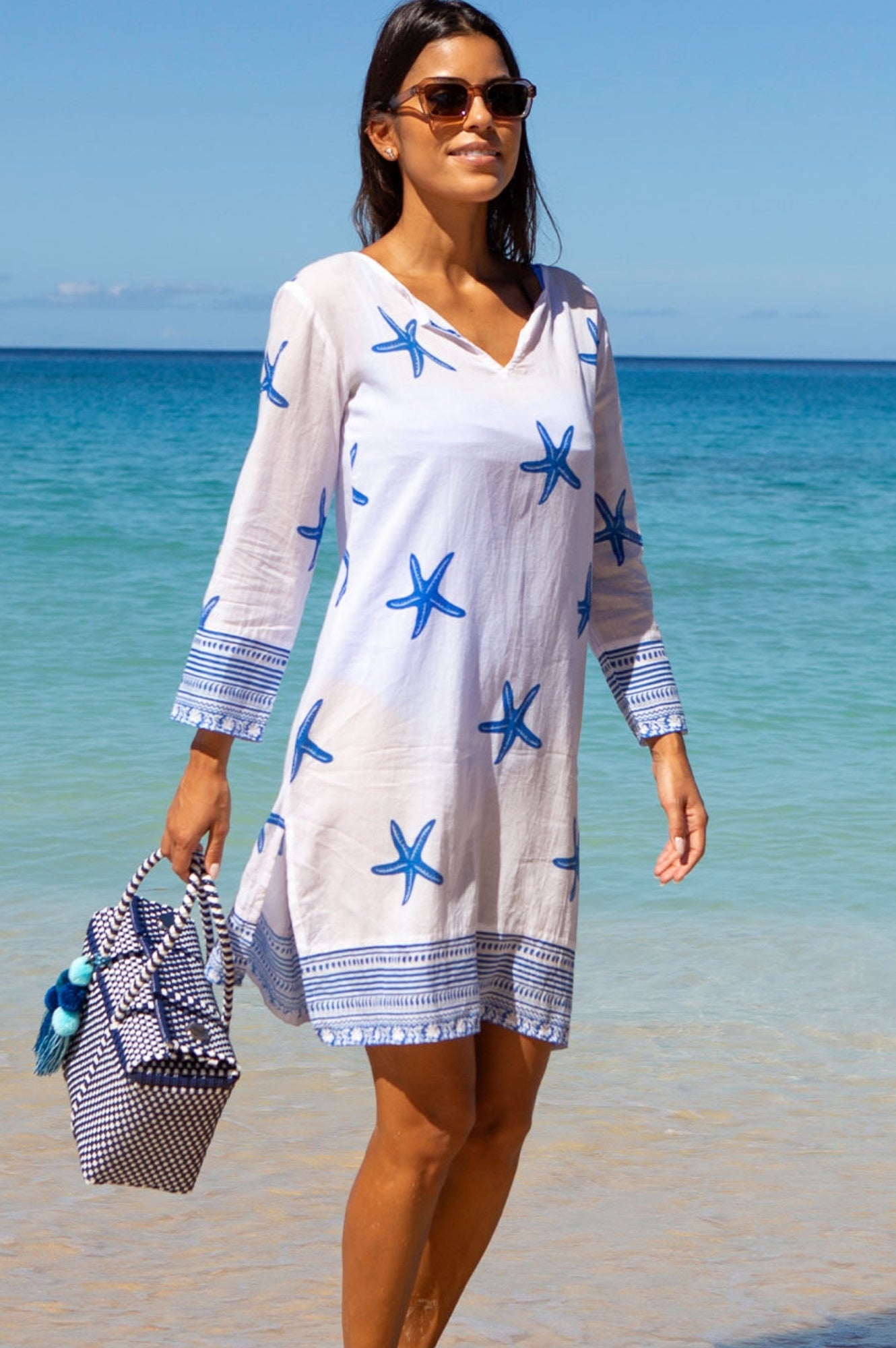 Organic Cotton Guadalupe Short Tunic - Starfish White & Cobalt Blue | Casual Summer Top for Women, Beach Cover-Up, Boho Chic Outfit