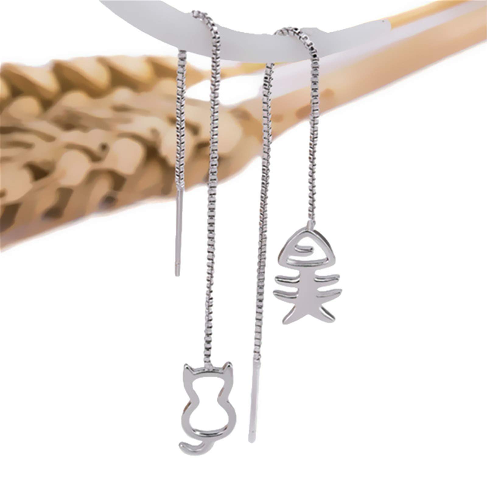 Stylish Cat Fishbone Threader Earrings for Women - Trendy Dangle Drop Jewelry for Parties, Date Nights & Everyday Wear