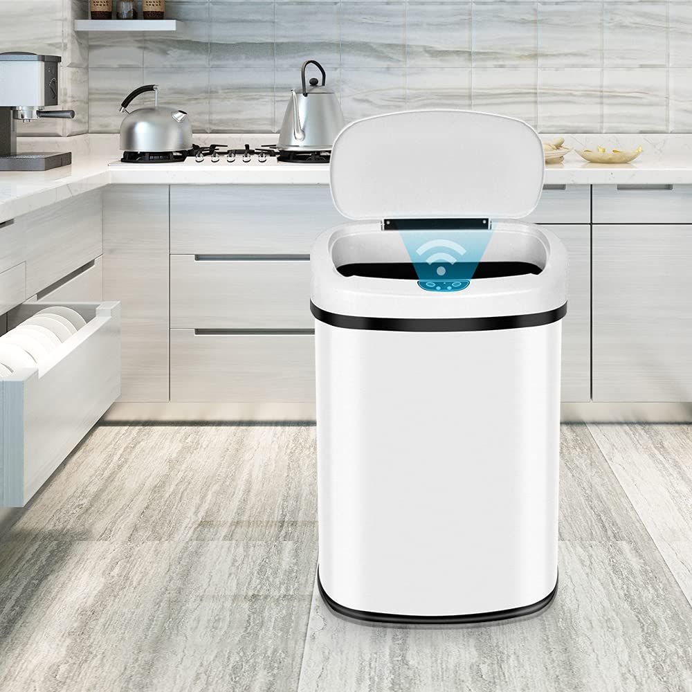 Automatic Touchless Stainless Steel Trash Can with Lid - 13 Gallon Sensor Kitchen Garbage Bin, Hands-Free Motion Sensor Waste Basket for Home, Office, Bathroom & Bedroom - Battery Powered, White - Perfect for Hygienic Waste Disposal in Kitchens, Bathrooms & Offices