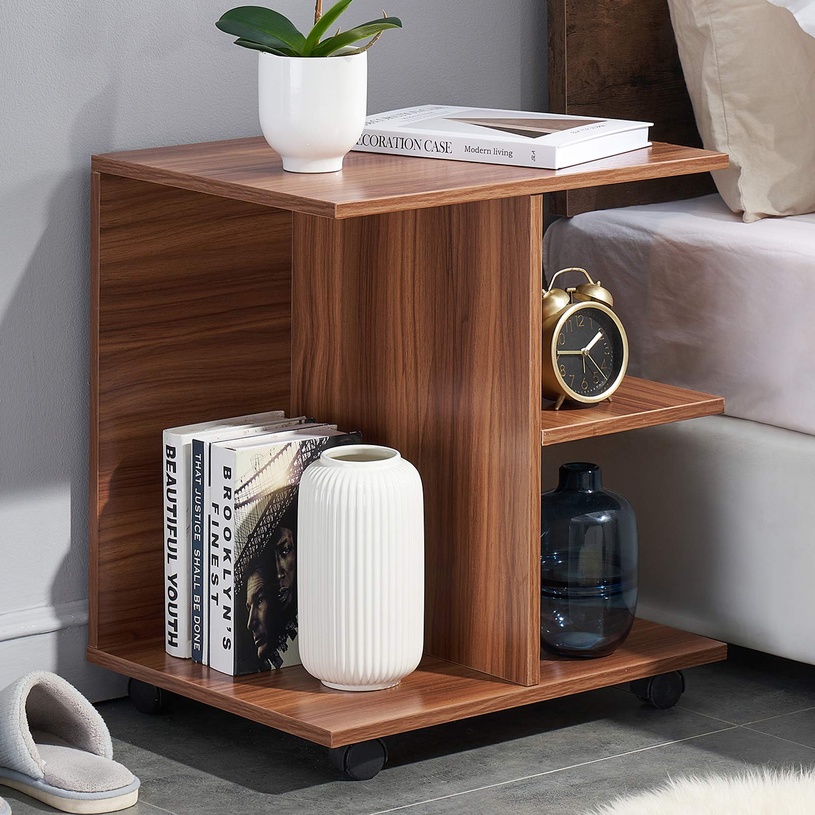 Modern Nightstand with Wheels & Open Shelf - Walnut Finish Bedside Table for Bedroom, Living Room, or Office Printer Stand