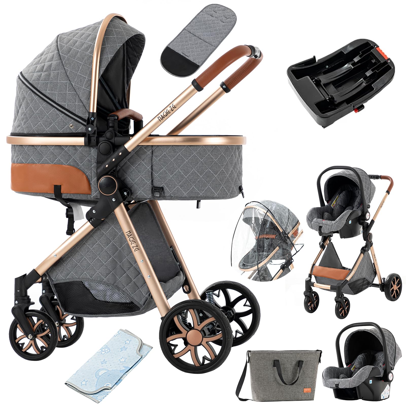 3 in 1 Baby Travel System - Reversible Stroller with Foldable Design & Luxury Pram for Newborn to Toddler | Lightweight, Portable & Includes Car Seat Base (Grey) | Perfect for Shopping, Travel & Daily Walks