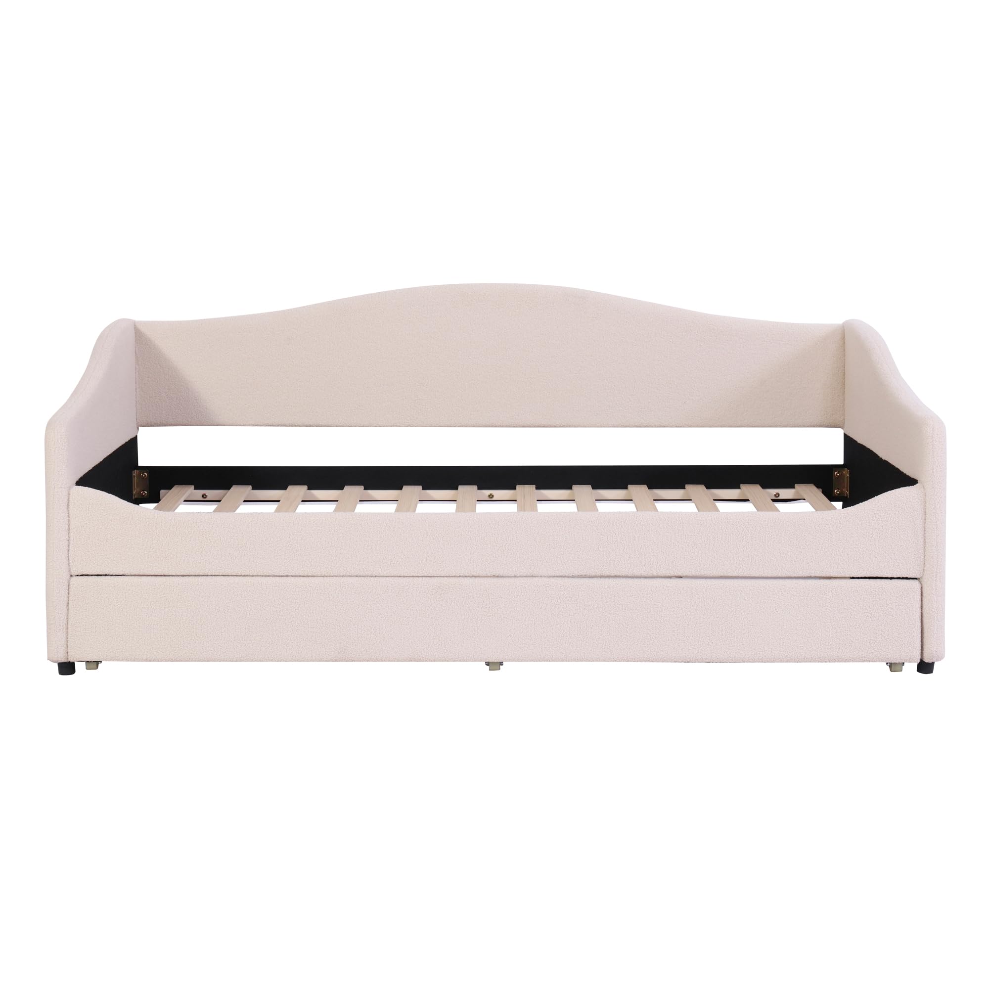 MERITLINE Twin Size Upholstered Daybed with Trundle and LED Lights - Teddy Fleece Sofa Bed Frame with Wooden Trundle - Convertible Sleeper for Bedroom, Living Room, Guest Room - Beige Modern Furniture for Small Spaces & Sleepovers