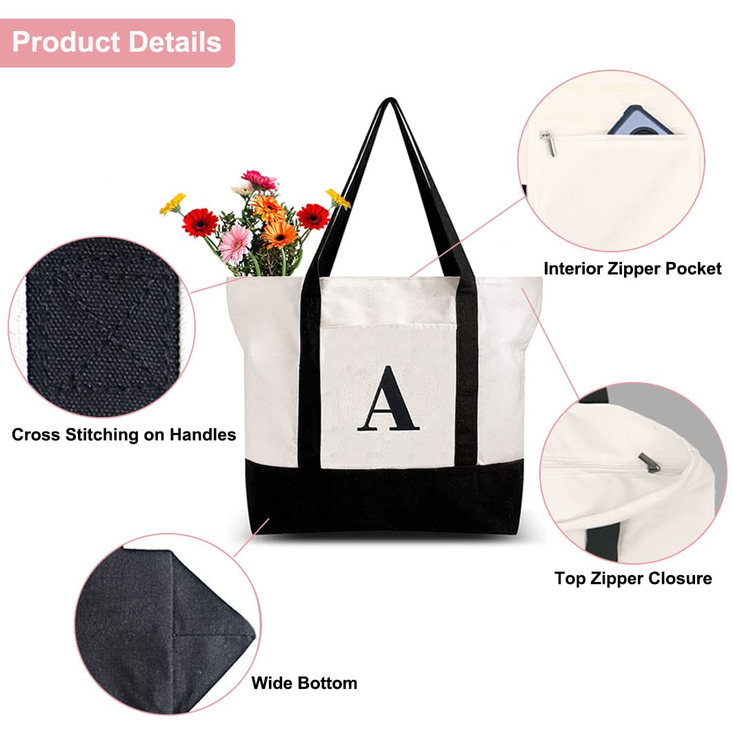Personalized Initial Canvas Beach Bag with Zipper - for Women, Moms & Travel