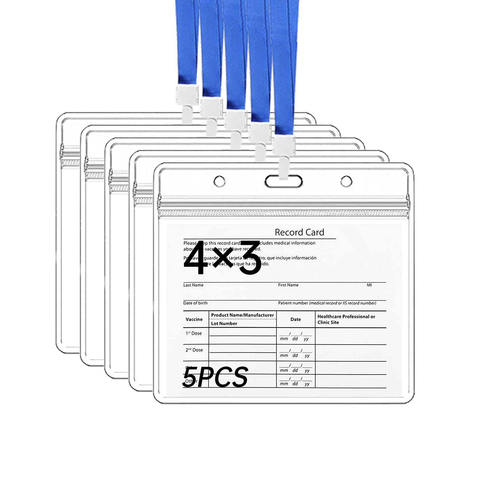 Waterproof CDC Card Holder with Lanyard - 4×3 Inch Resealable Zip Clear Card Protector (5 Pack) - Ideal for ID Badges, Work Security Passes & Event Credentials