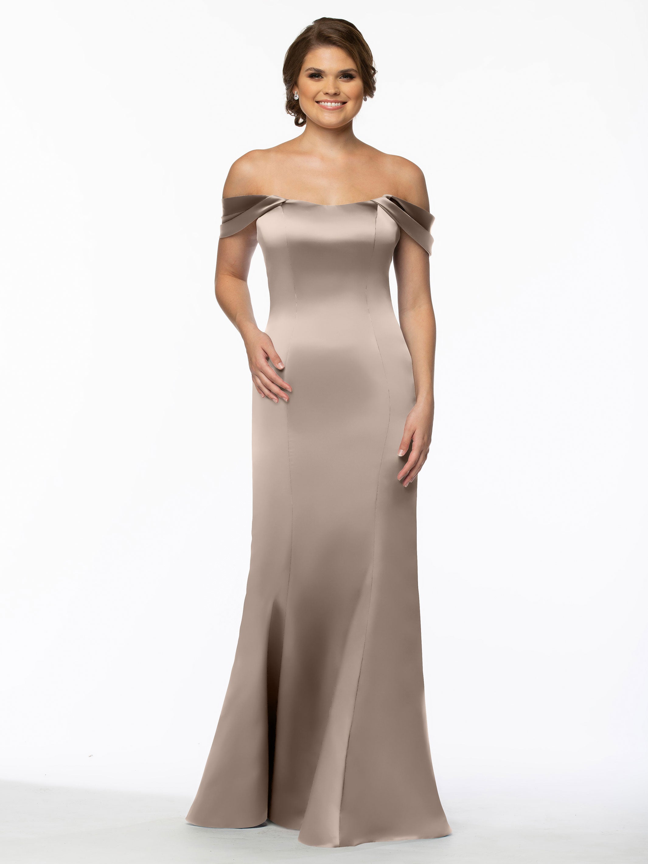 Elegant 80151 Fitted Satin Bridesmaid Dress with Off-The-Shoulder Sleeves - Perfect for Weddings, Formal Events & Special Occasions
