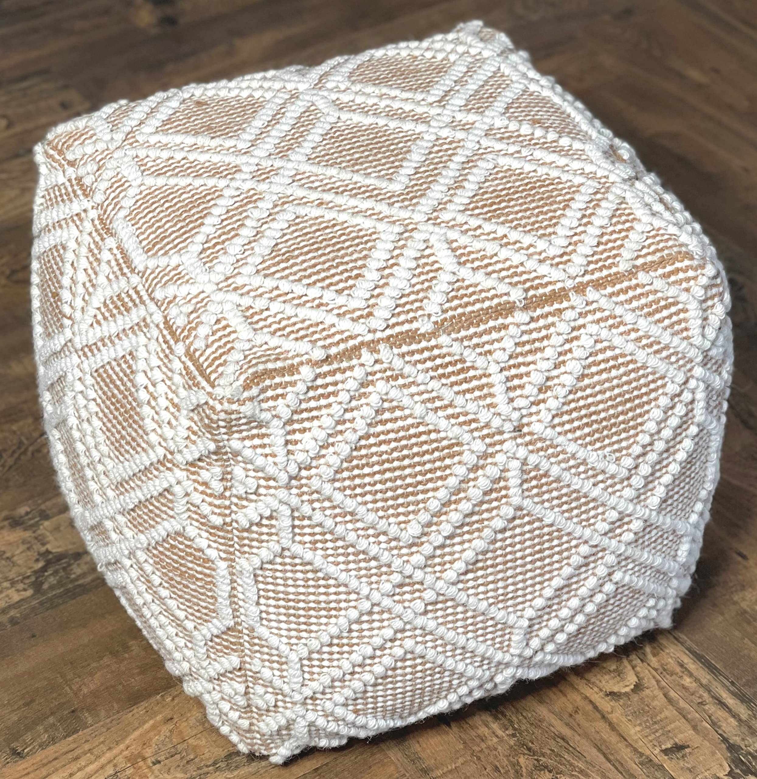 Handmade ADDO Wool & Cotton Natural Fiber Pouf Ottoman - Easy Maintenance Footstool for Living Room, Bedroom, Family Room - Tan - Perfect for Relaxing, Reading & Home Decor