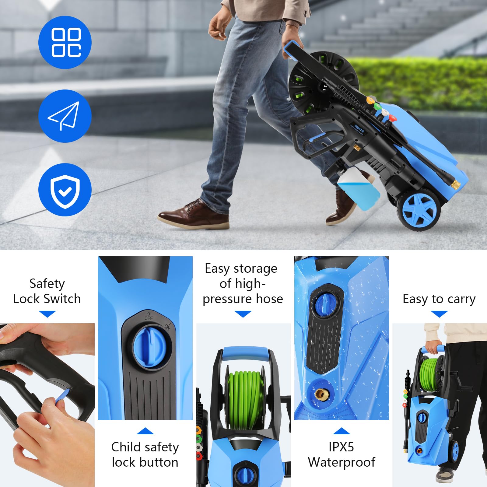 4800PSI 4.0GPM Electric Pressure Washer - Professional High Power Cleaner with 33ft Hose Reel, 4 Nozzles & Soap Bottle - Ideal for Car Washing, Fence Cleaning, Patio, Driveway & Home Exterior Cleaning (Blue)