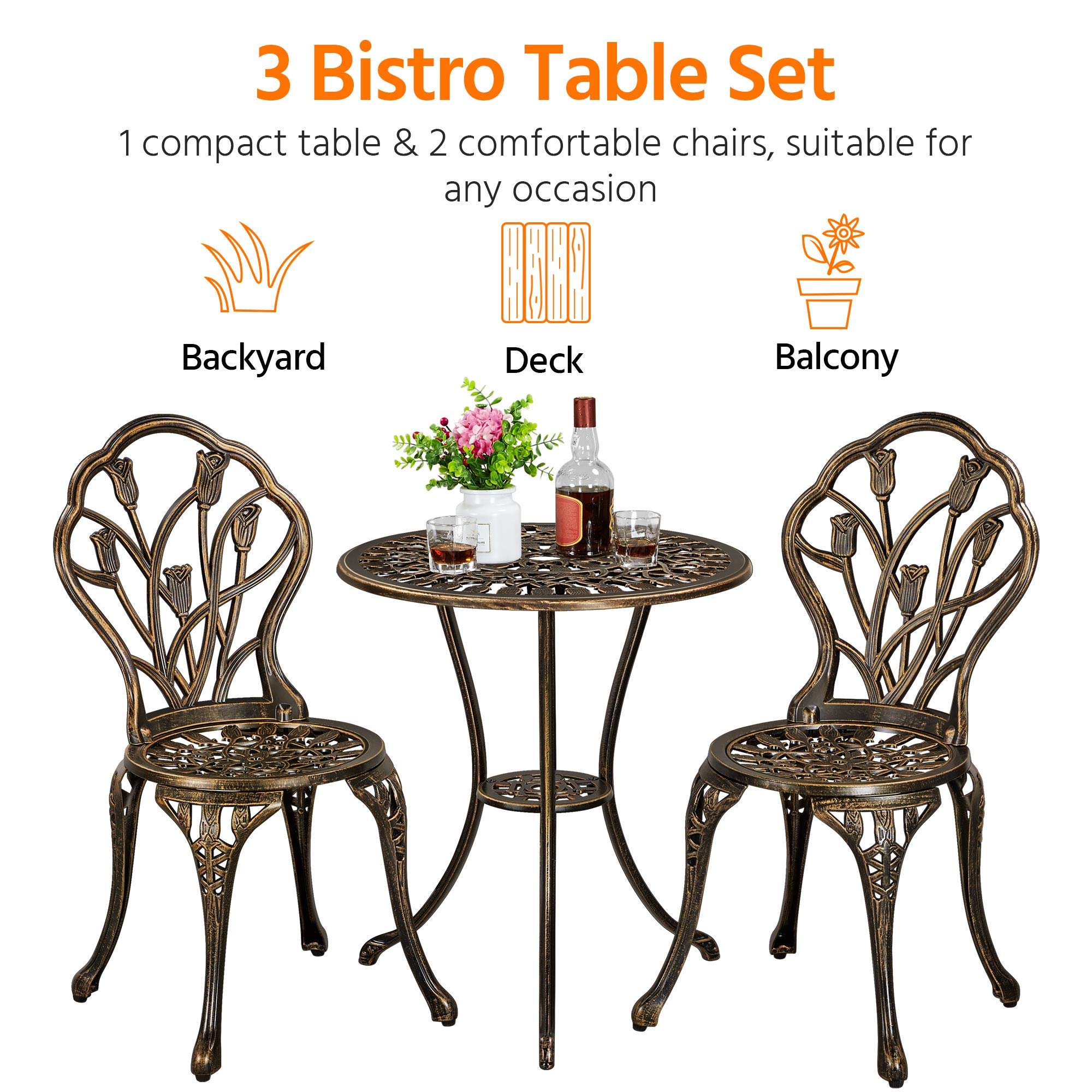 Topeakmart 3-Piece Outdoor Bistro Set - Lightweight Aluminum Patio Dining Table with 2 Chairs & Umbrella Hole - Bronze Garden Furniture for Balcony, Yard, Deck or Poolside Relaxation