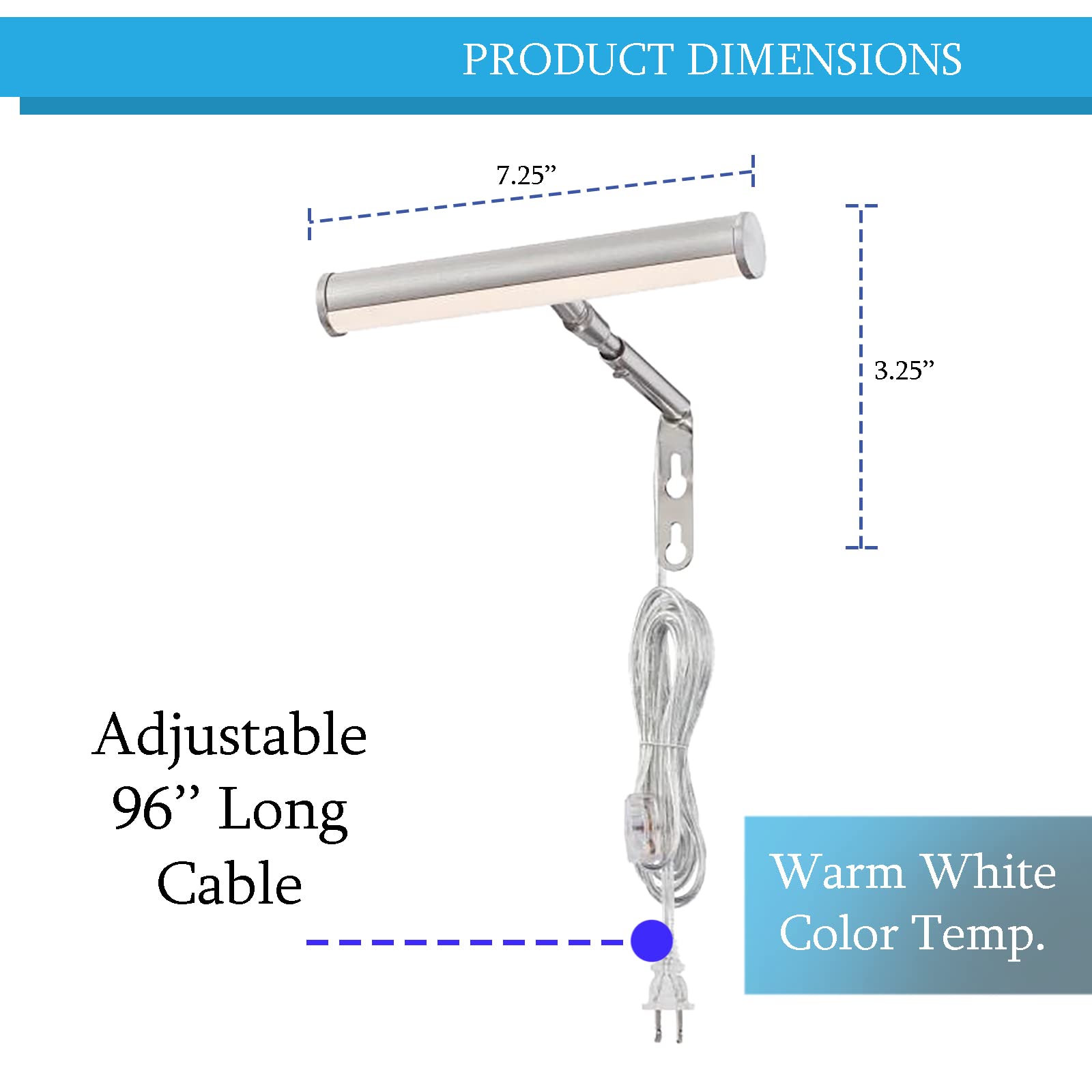 Ciata 7-Inch LED Picture Light for Wall Art - 3000K Warm White, 2W Adjustable Metal Frame Light with On/Off Switch, 90+ CRI, Brushed Nickel Finish - Perfect for Galleries, Museums & Home Decor
