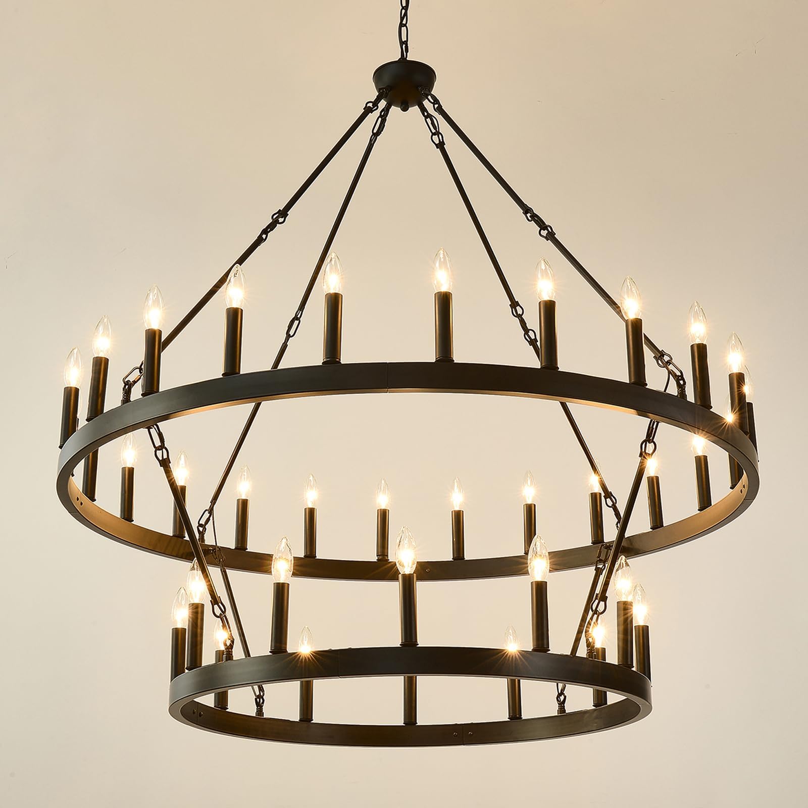 Extra Large 48-Inch Black Rustic Wagon Wheel Chandelier - 36-Light Farmhouse Pendant Light Fixture for High Ceilings | Perfect for Dining Room, Living Room, Kitchen Island, Foyer & Entryway | Creates Cozy Ambiance for Farmhouse, Rustic & Industrial Decor Styles