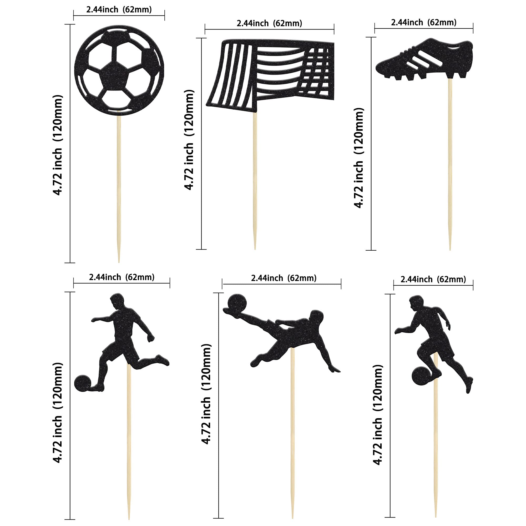 24Pcs Soccer Cupcake Toppers - Black Glitter Football Theme Cake Decorations for Baby Shower, Wedding & Birthday Parties | Sports Ball Food Picks for Soccer-Themed Celebrations