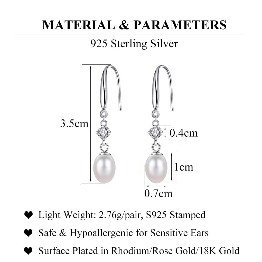 925 Sterling Silver Pearl Drop Earrings for Women - Natural Freshwater Pearl Dangle Earrings | Elegant Wedding, Bridal & Party Jewelry Gift for Her