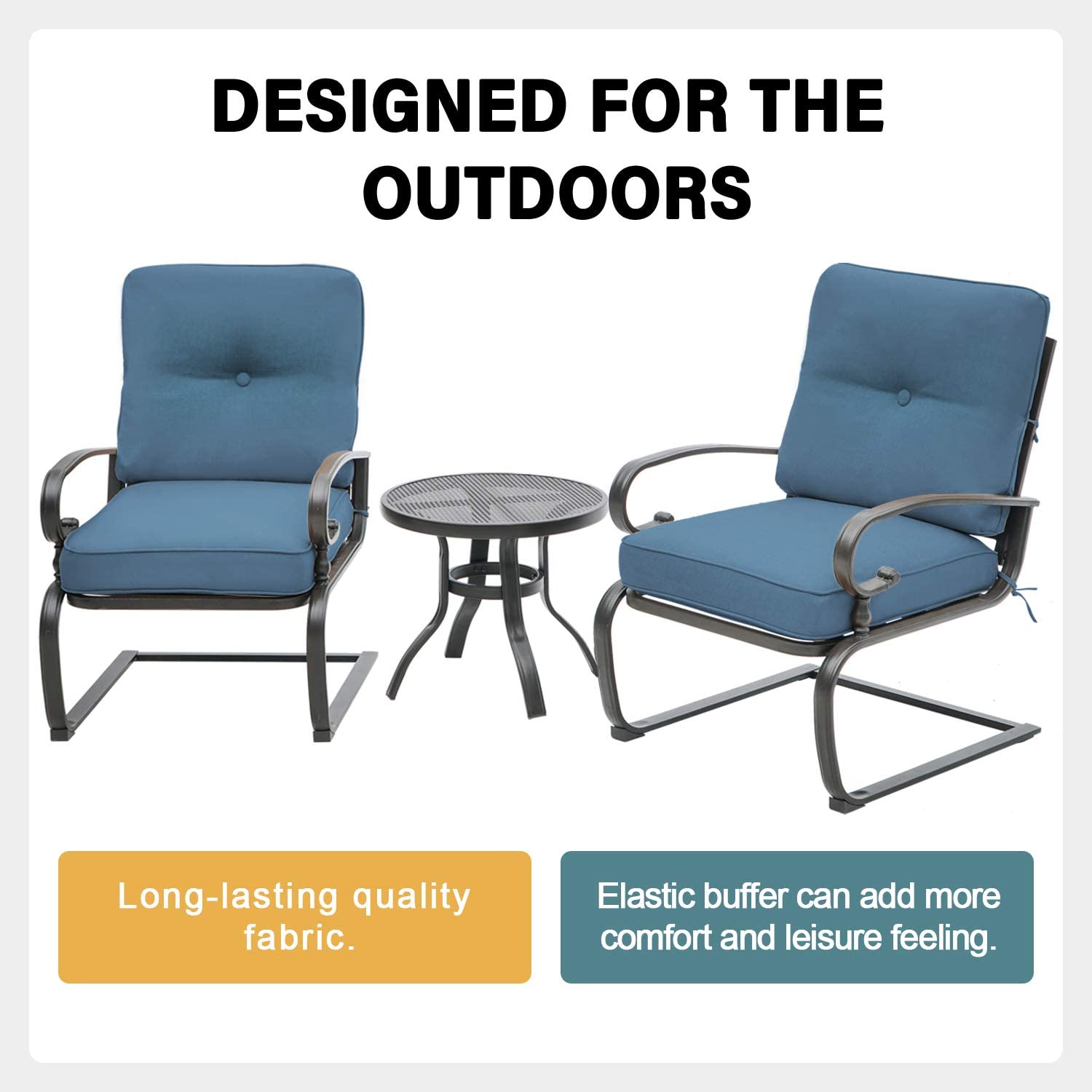 SUNCROWN 3-Piece Outdoor Patio Bistro Set with Spring Motion Chairs & Round Cafe Table - Steel Frame Conversation Furniture with Cushions (Peacock Blue) - Perfect for Garden, Balcony, and Backyard Relaxation