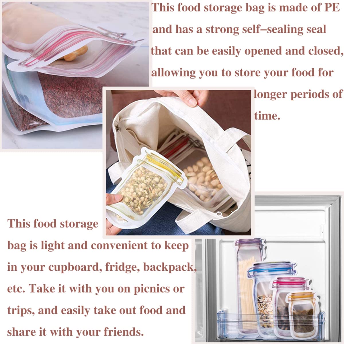 40Pcs Reusable Mason Jar Ziplock Bags - Airtight Food Storage Bags for Kitchen, Camping, Picnic | BPA-Free Plastic Organizer for Snacks, Nuts, Spices & Meal Prep (40 Count)