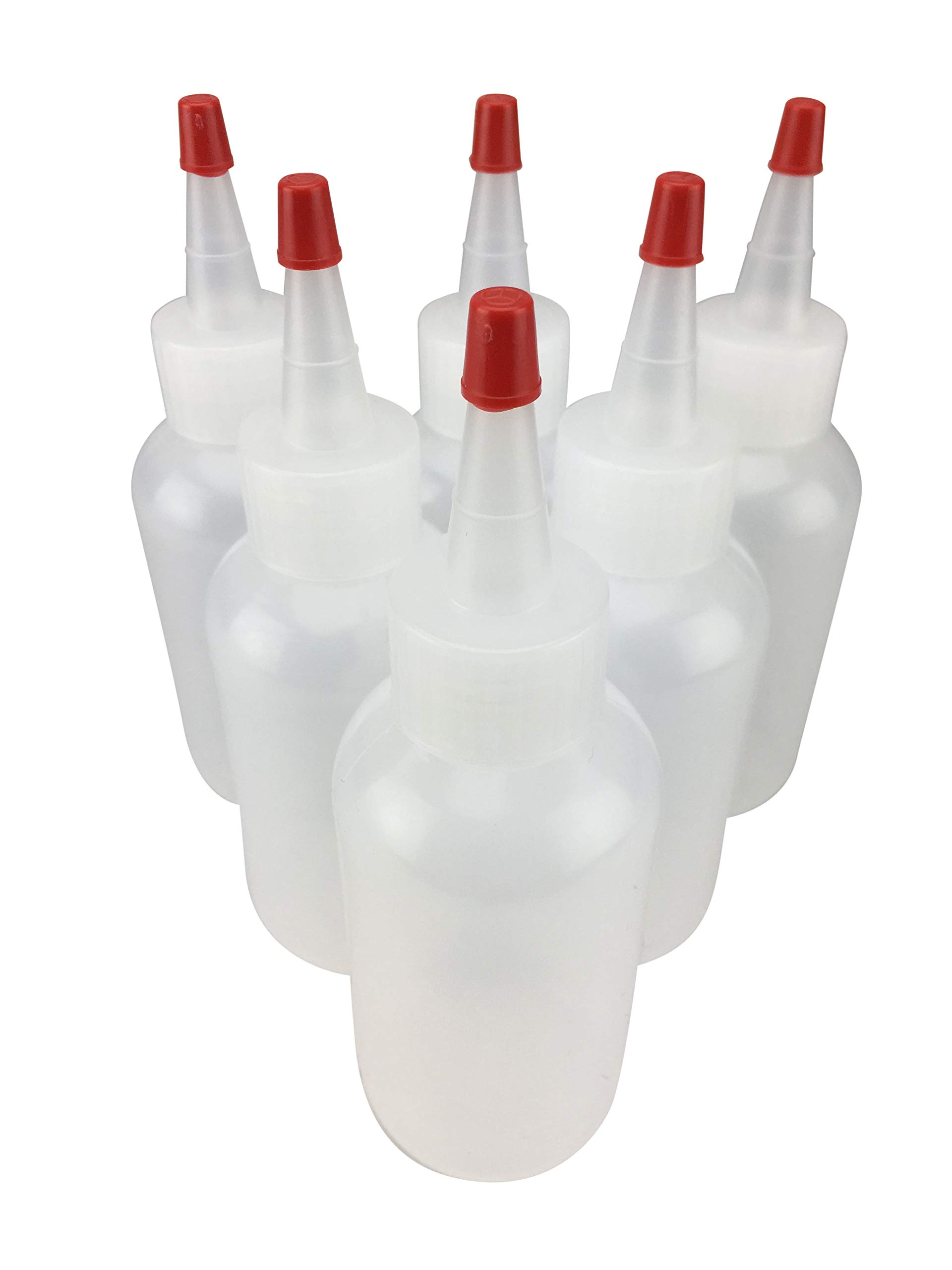 Hobbyland 4oz LDPE Plastic Squeeze Bottles with Yorker Spout & Red Caps - 6 Pack Boston Round Bottles for Kitchen, Crafts, Hair Dye & DIY Projects (24/410 Neck, 0.30 Hole Tips)