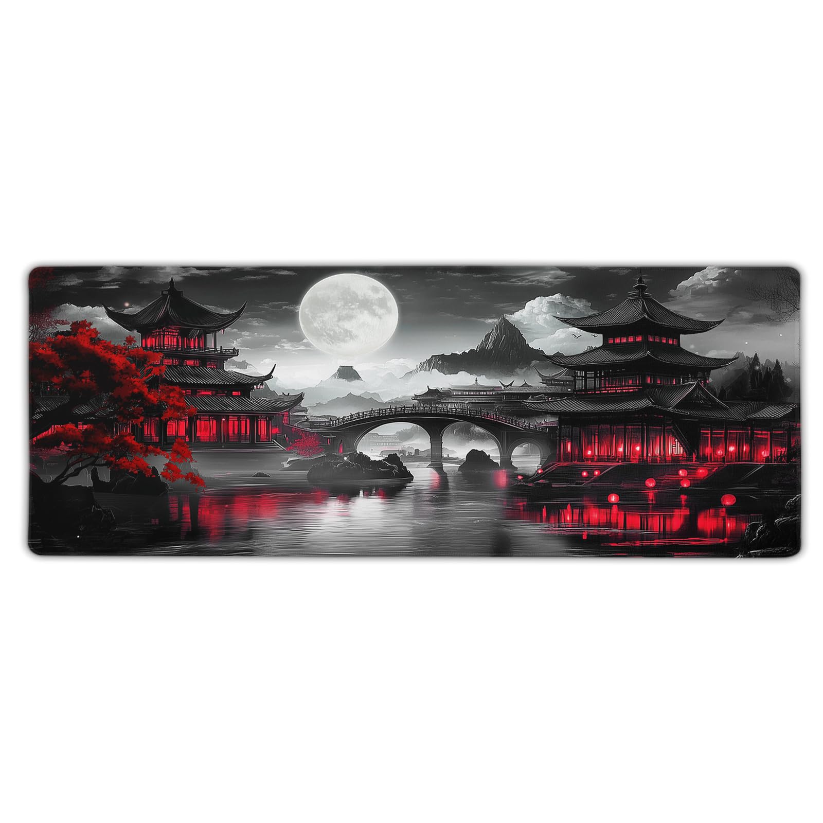 Premium Japanese Riverside Full Moon Extended Desk Mat - Extra Large 31.5×11.8 Inch Non-Slip Rubber Base Mouse Pad with Stitched Edges for Gaming, Office & Home Use - Black & Red Design for PC, Laptop & Keyboard Comfort