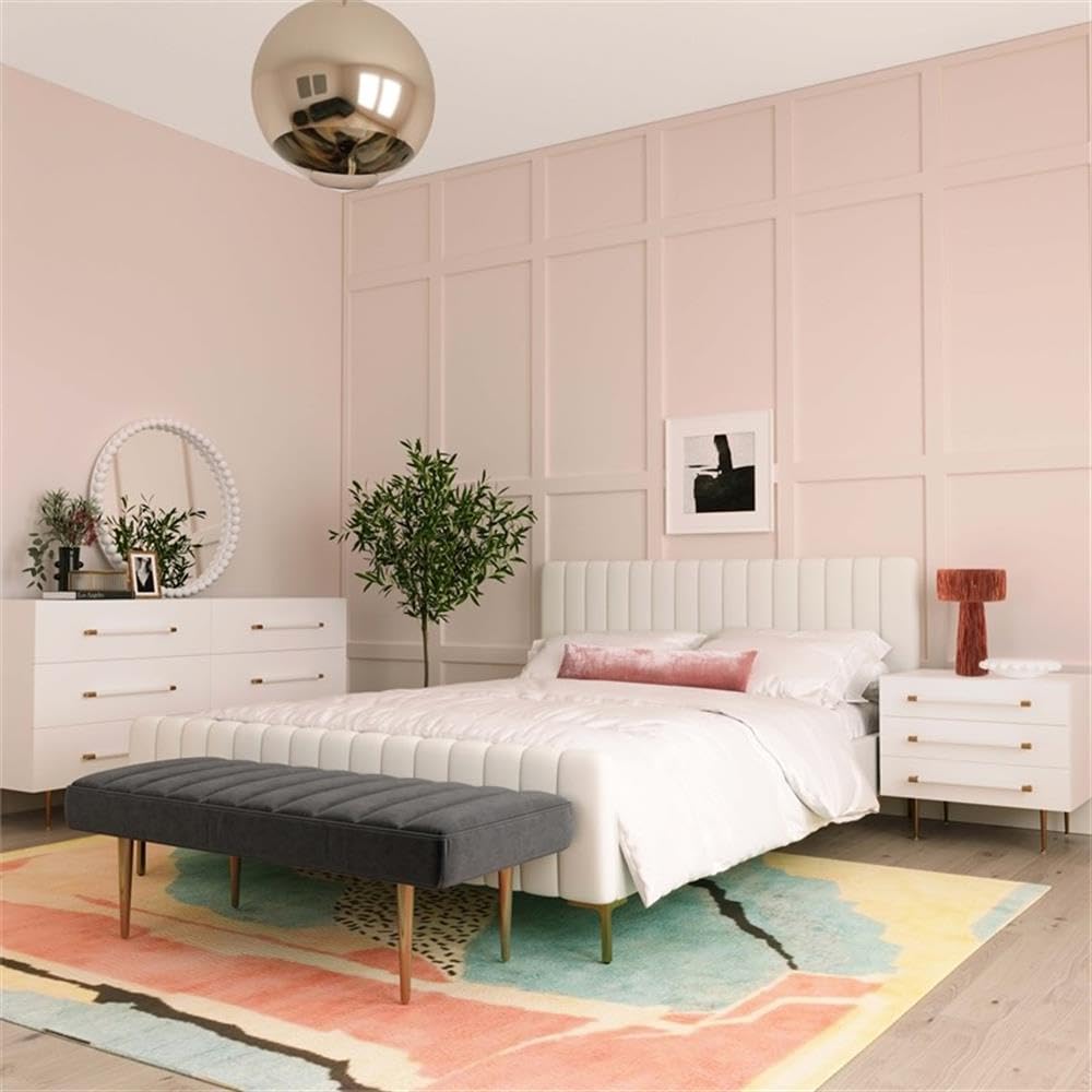 MAKLAINE 22 Inch Modern Acacia Wood Nightstand with White and Gold Finish - Stylish Bedside Table for Bedroom, Living Room, or Guest Room