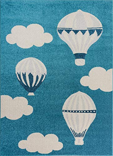 Blue and White Soft Kids Area Rug with Balloons & Clouds Design - 6'7