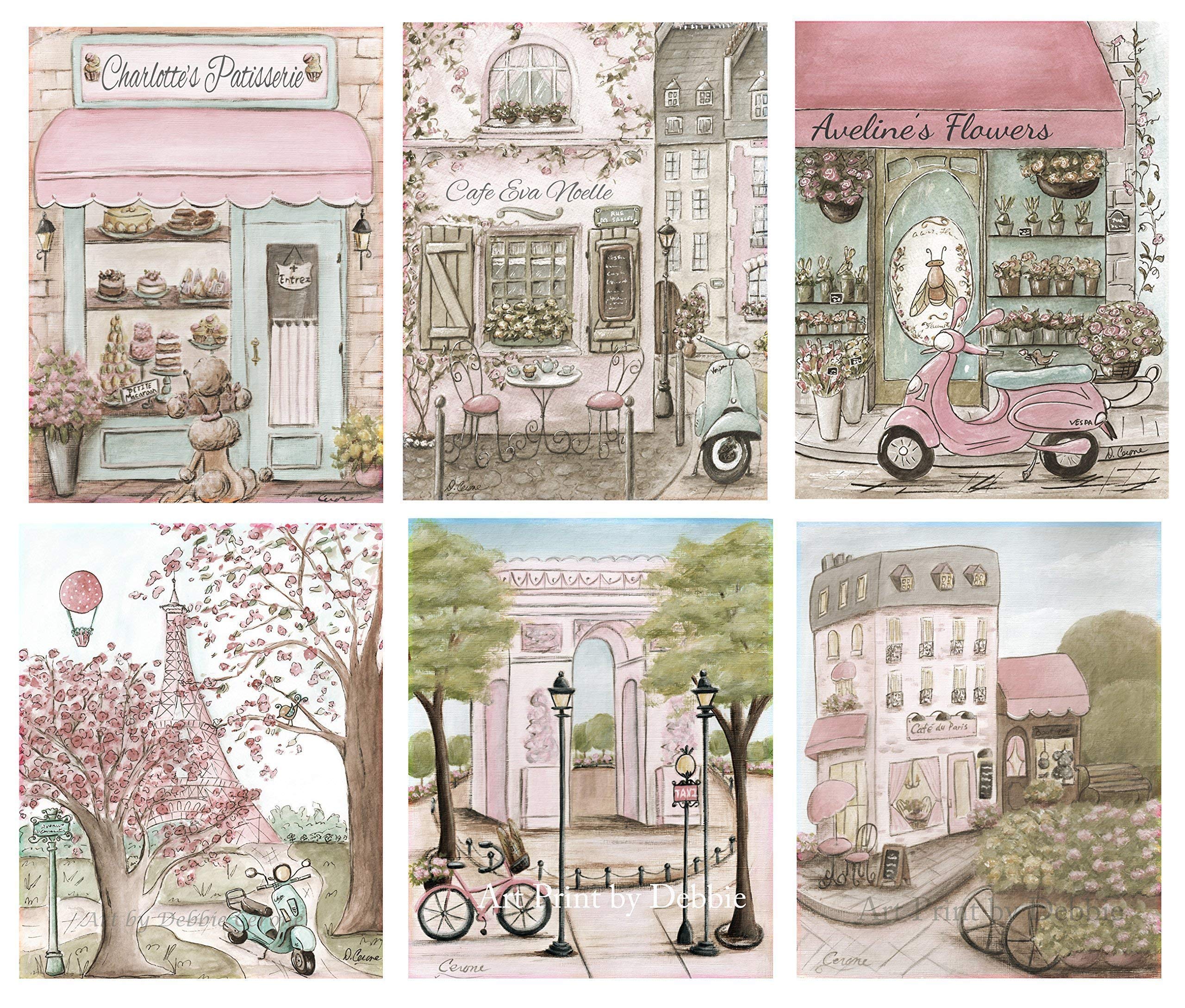 Shabby Chic Paris Nursery Decor - Set of 6 Personalized Girls Room Art Prints in 5 Sizes (5x7