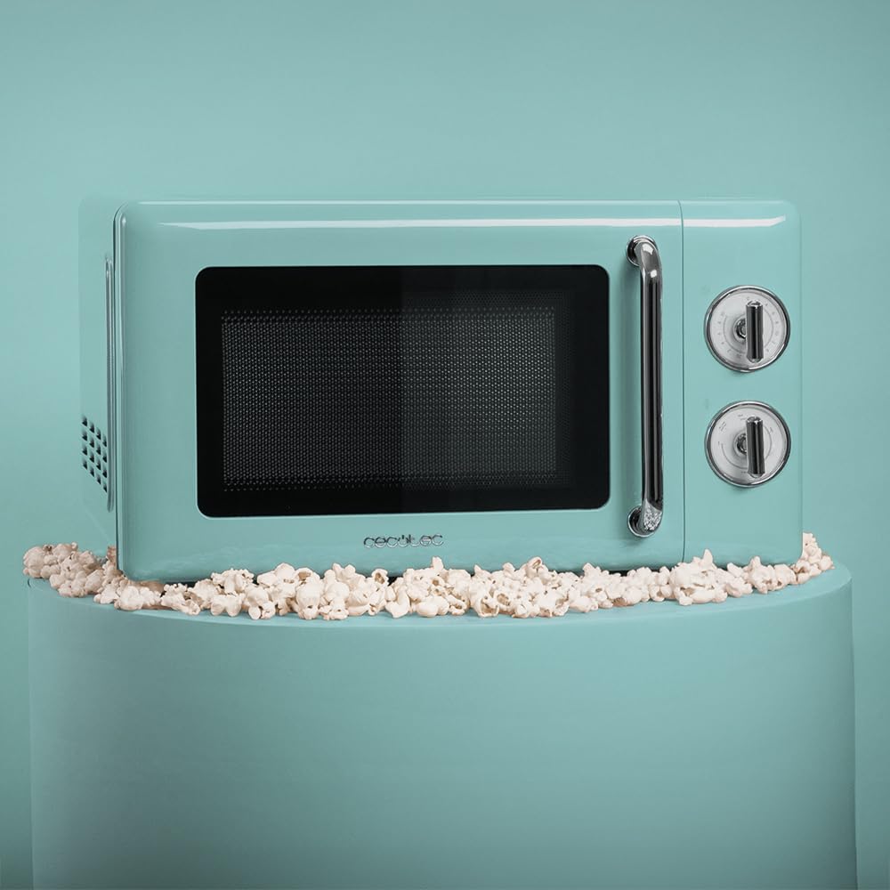 Cecotec 20L Mechanical Microwave Oven - 700W, 6 Power Levels, 30-Minute Timer, Defrost Function, Retro Blue Vintage Design with Steel Finishes - Perfect for Small Kitchens, Dorms & Office Break Rooms