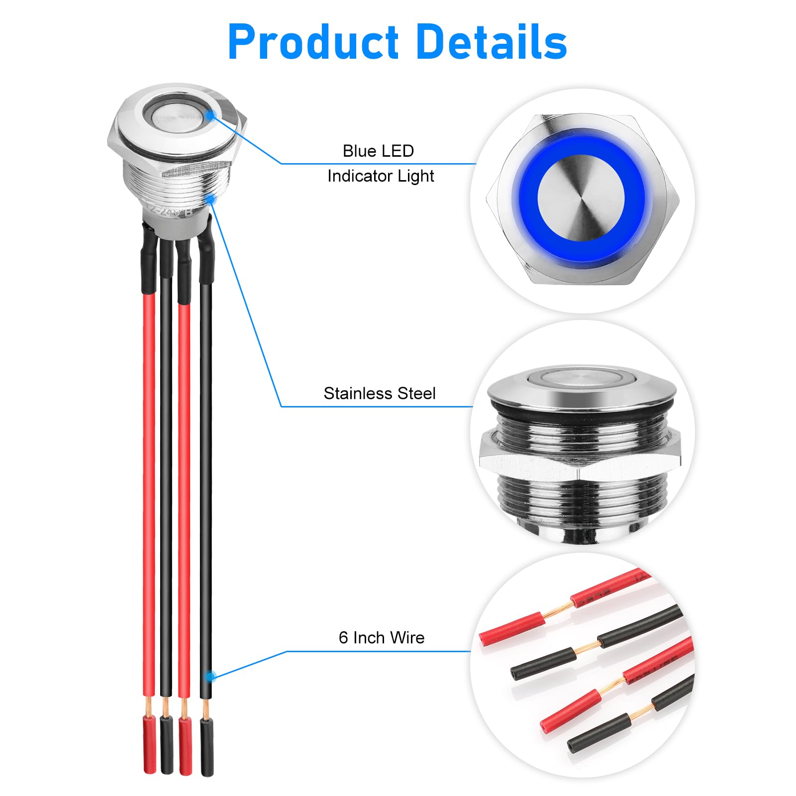 Linkstyle 19mm Latching Push Button Switch - 12V Metal Self-Locking SPST ON-Off Switch with Wiring Harness & Blue LED Light (5Pcs) - Perfect for Boats, Cars, Marine, RV & Industrial Control Panels