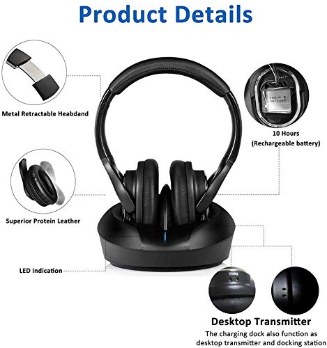 ZANCHIE Wireless Over-Ear Headphones for TV with RF Transmitter & Charging Dock - No Audio Delay, 330ft Range, Digital Optical/RCA/AUX Support - Ideal for Seniors & Home Theater (Black)