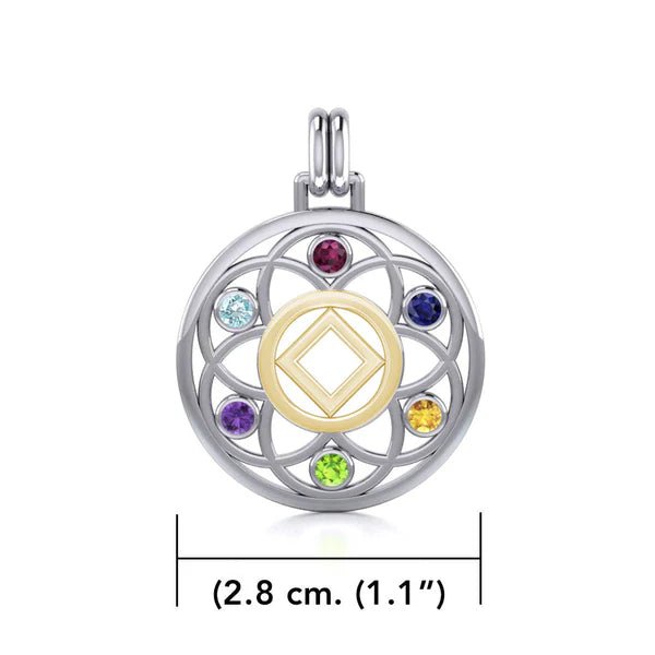 Flower of Life Sterling Silver & 14K Gold Accent Recovery Pendant with AA or NA Symbol & Genuine Gemstone - Spiritual Jewelry for Addiction Recovery & 12-Step Programs