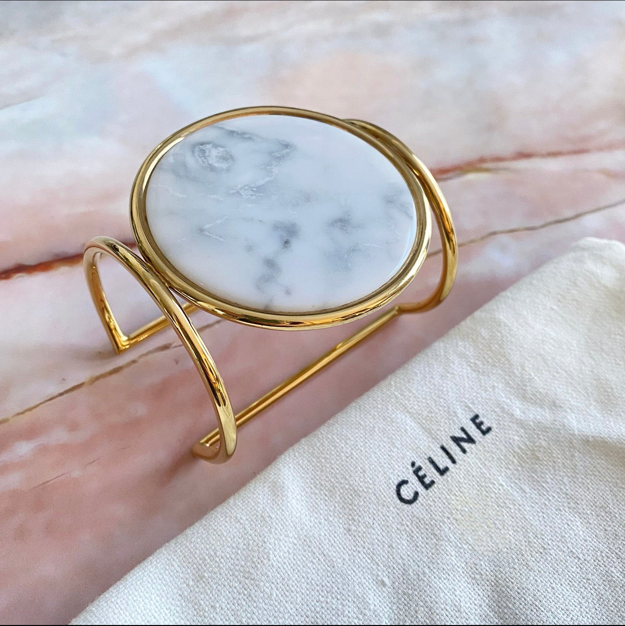 Celine Phoebe Philo Marble and Gold Geometric Cuff Bracelet - Luxury Fashion Jewelry for Women, Elegant Statement Piece for Parties, Weddings & Special Occasions