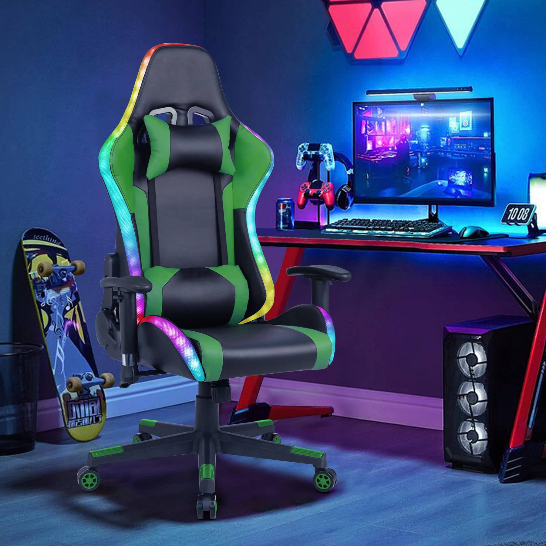 Ergonomic Gaming Chair with Built-in Speakers & RGB LED Lights - PU Leather Racing Office Computer Chair with Headrest, Armrest & Lumbar Support - Perfect for Esports, Streaming & Home Office (Green)