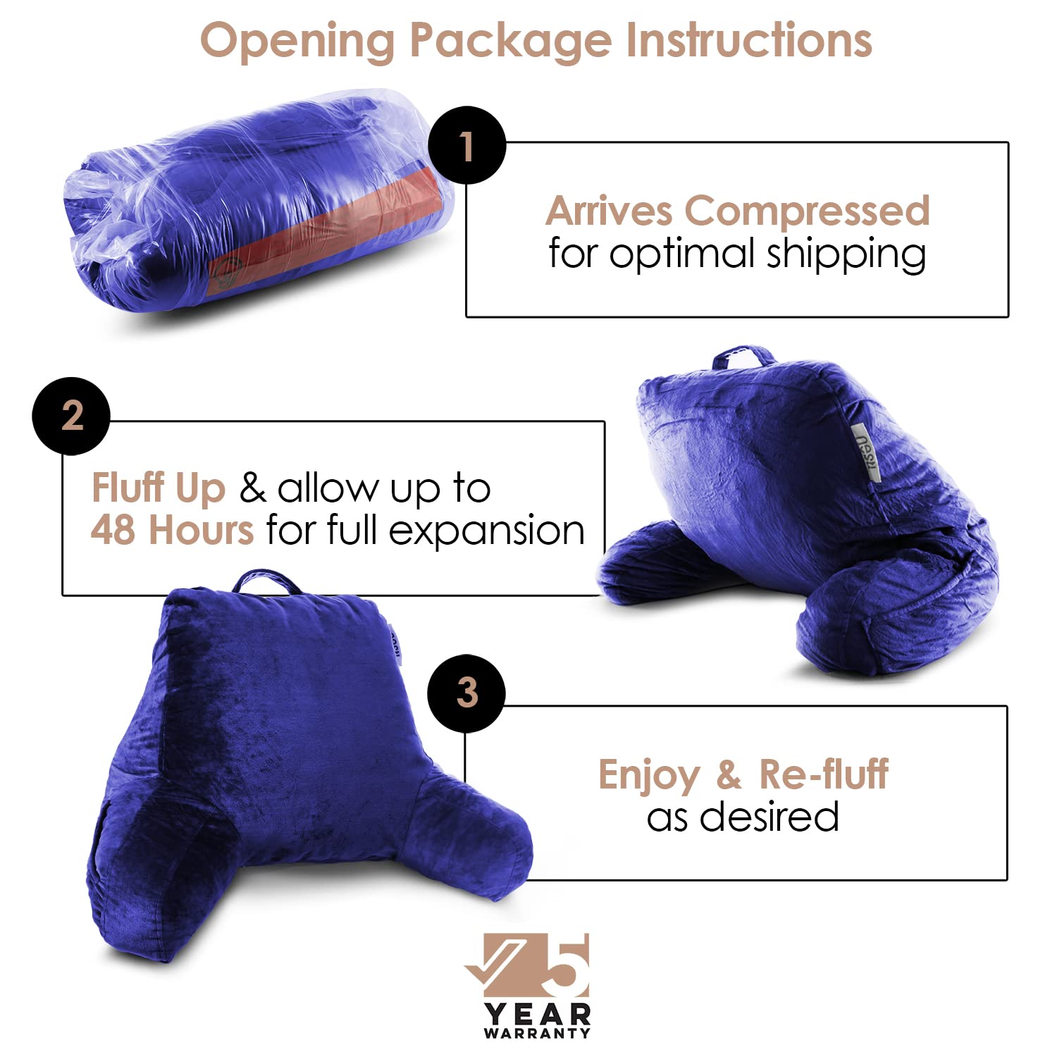 Nestl Reading Pillow with Shredded Memory Foam - Supportive Back Pillow for Sitting in Bed, Reading & Relaxing - Royal Blue Bed Rest Pillow with Pockets - Perfect for Reading, Watching TV, or Lounging Comfortably