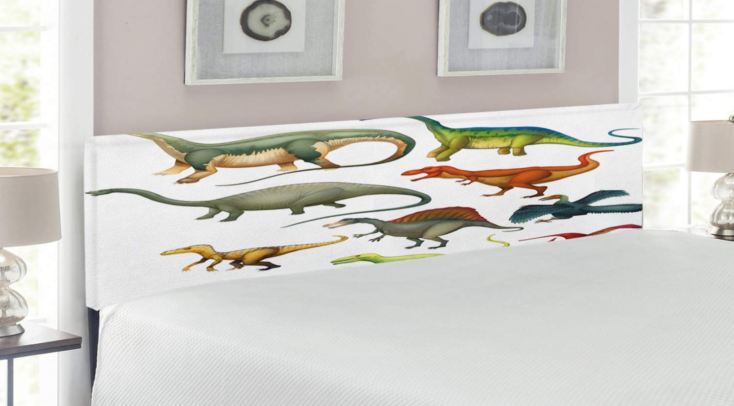 Ambesonne Dinosaur Headboard - Jurassic Period Cartoon Animal Print Upholstered Metal Bed Frame with Memory Foam - King Size Multicolor Decorative Headboard for Kids' Bedroom, Dinosaur Theme Nursery, or Unique Home Decor