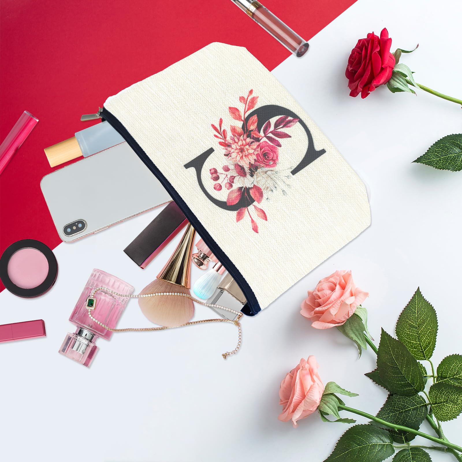 Personalized Floral Monogram Makeup Bag - Custom A-Z Initial Cosmetic Pouch for Women, Mom, Best Friend, Bride, Bridesmaid & Grandma - Perfect Birthday, Mother's Day & Christmas Gift - Small Travel Toiletry Bag for Everyday Use, Weddings & Vacation Essentials