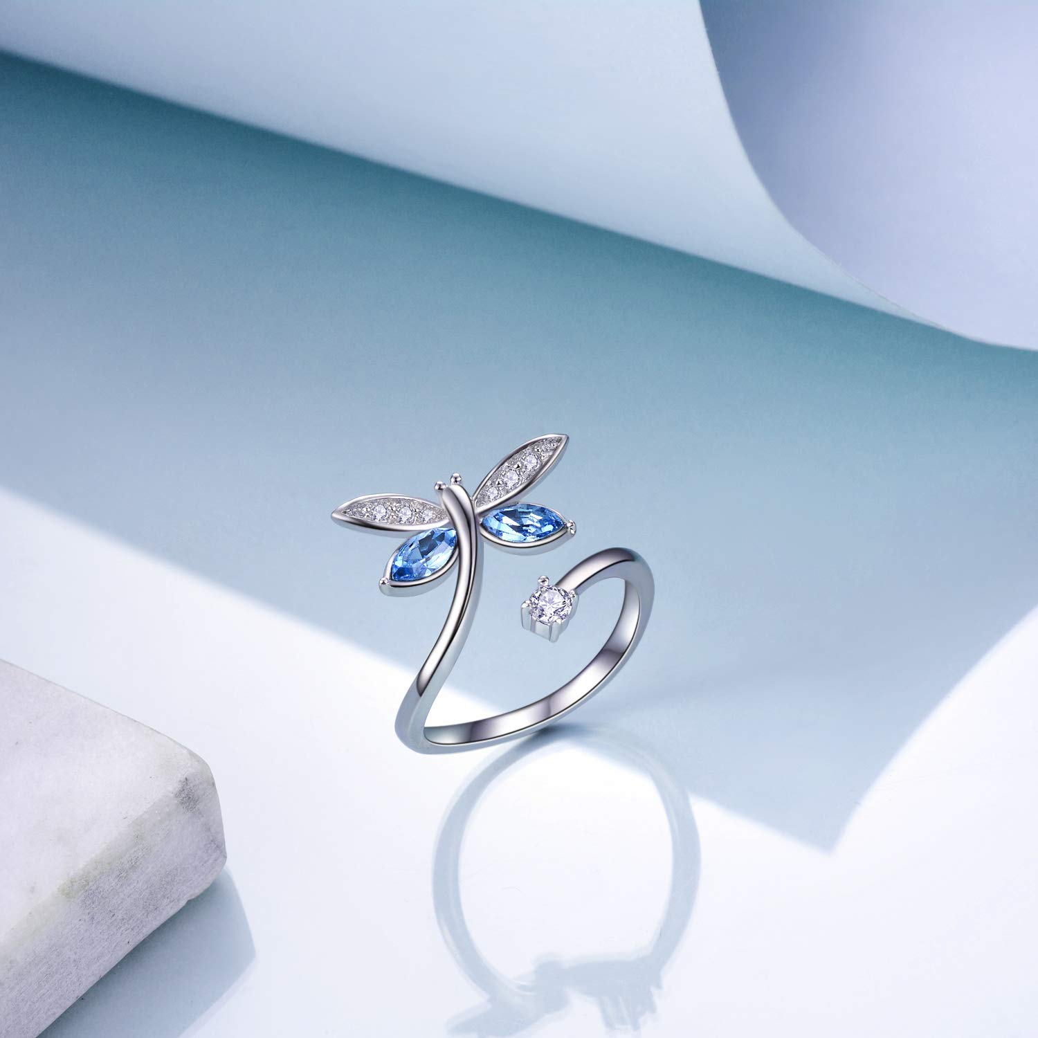AOBOCO Butterfly Dragonfly Sterling Silver Wrap Ring for Women - Elegant Crystal Jewelry Gift for Her - Perfect for Weddings, Anniversaries & Special Occasions