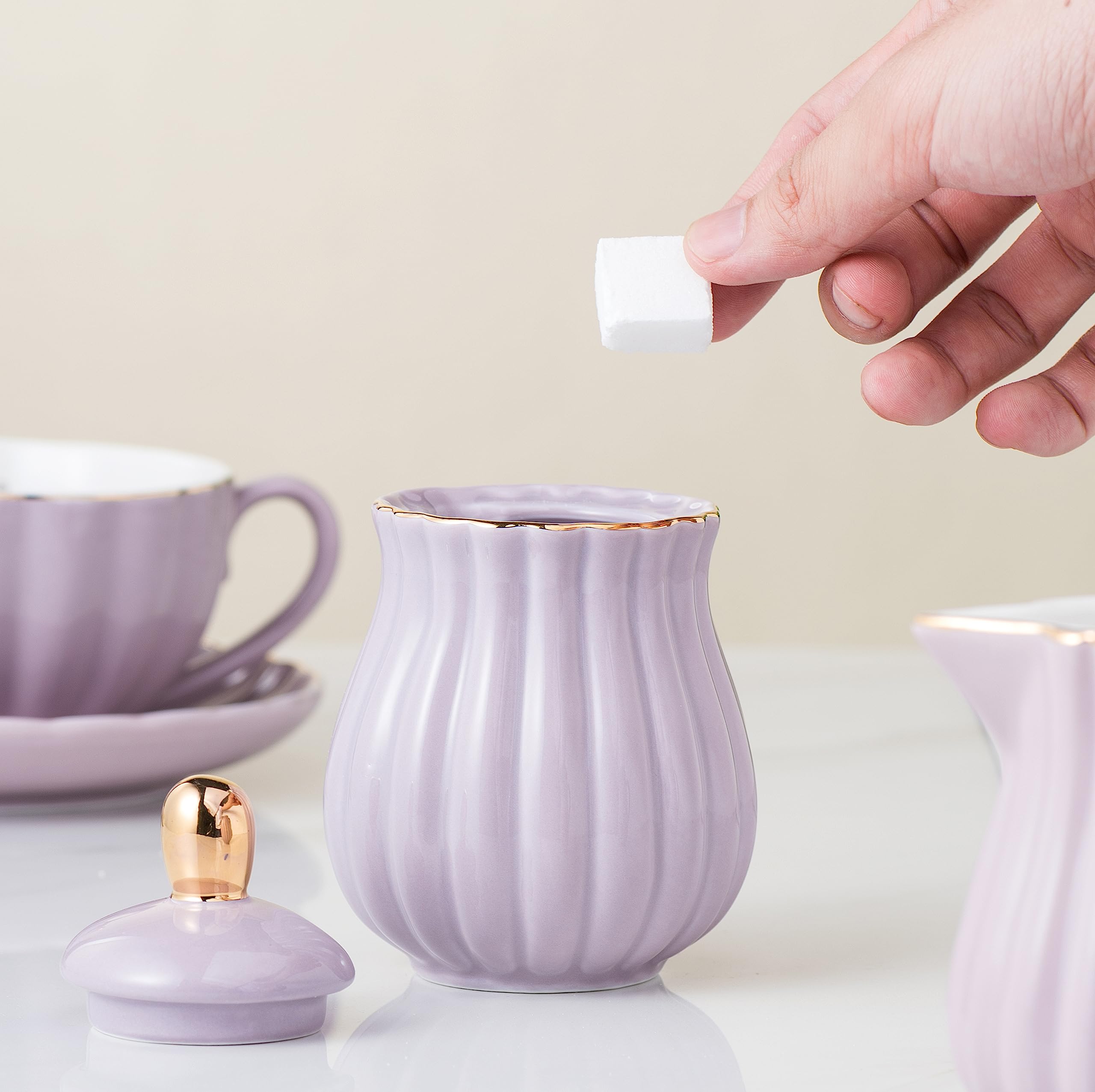 8 OZ Fine China Purple Coffee Cup & Teacup Set with Saucers - 17-Piece Tea Service for 4 Includes Teapot, Sugar Bowl, Cream Pitcher & Accessories - Elegant Purple Tea Party Set for Afternoon Tea, Bridal Shower & Home Decor