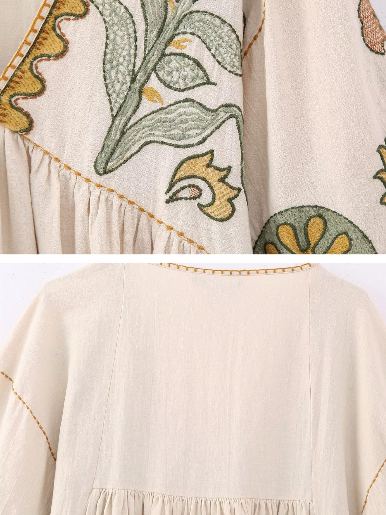 Women's Floral Embroidered Linen Blend Dress - Loose Fit V-Neck Vintage Babydoll Dress with Elegant Embroidery | Perfect for Summer Outings, Beach Vacations & Boho Chic Style