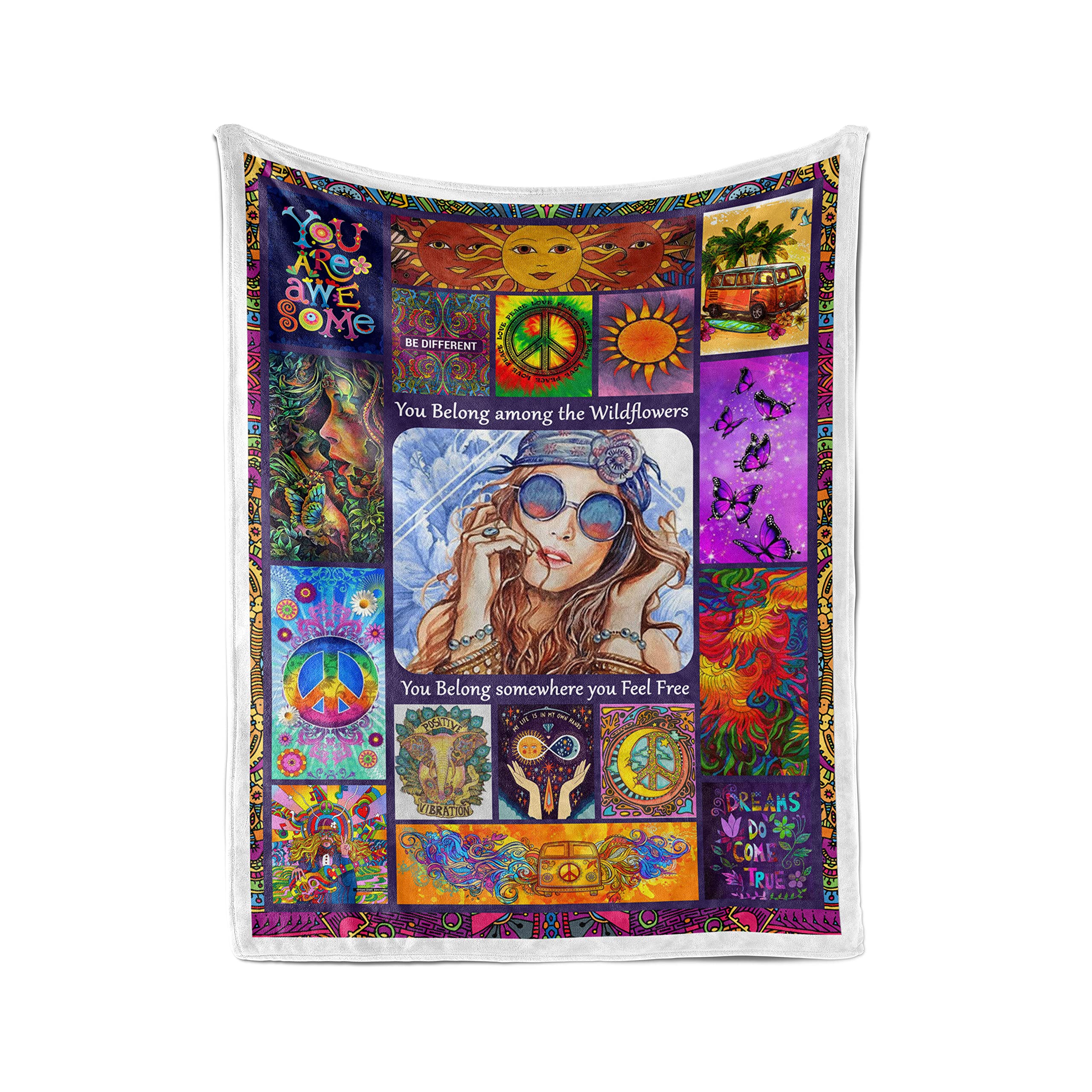 Personalized Hippie Fleece Throw Blanket 50x60 - Retro Bohemian Design Soft Warm Blanket for Women & Men - Perfect Birthday & Christmas Gift for Wanderlust Travelers, Yoga Lovers & Festival Goers - Cozy Home Decor for Bed, Couch & Outdoor Adventures