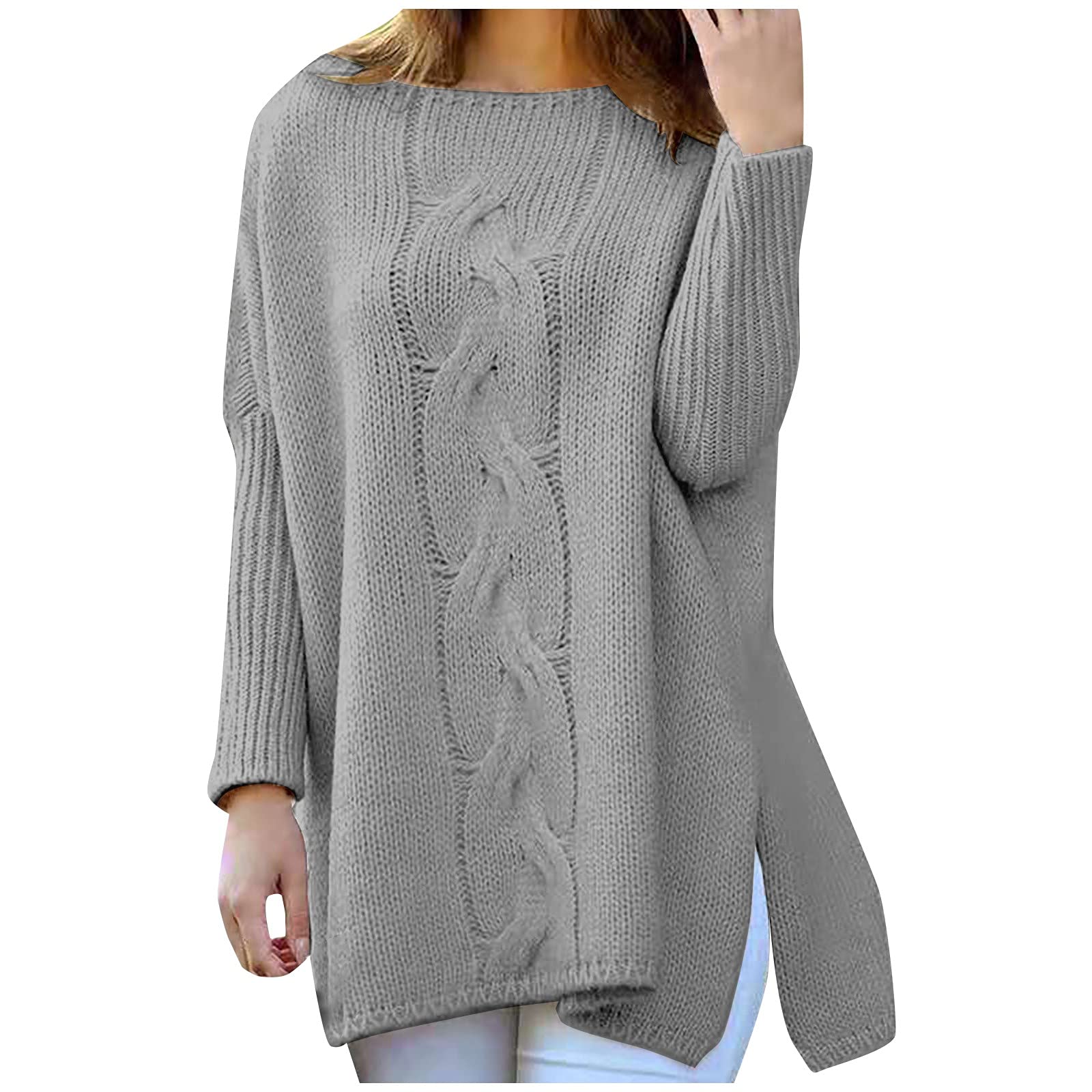 Plus Size Winter Clothes for Tall Women - Solid Color Round Neck Long Sleeve Tunic Top with Side Slits | Loose Casual Wear for Fall & Winter | Perfect for Office, Travel and Daily Outfits