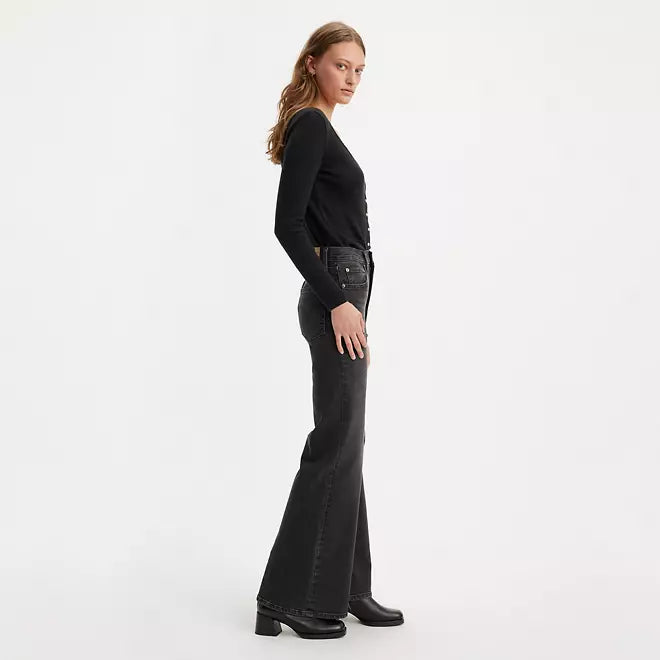 Levi's Women's Ribcage Bell Bottom Jeans - Distressed Black Denim for Casual & Retro Outfits