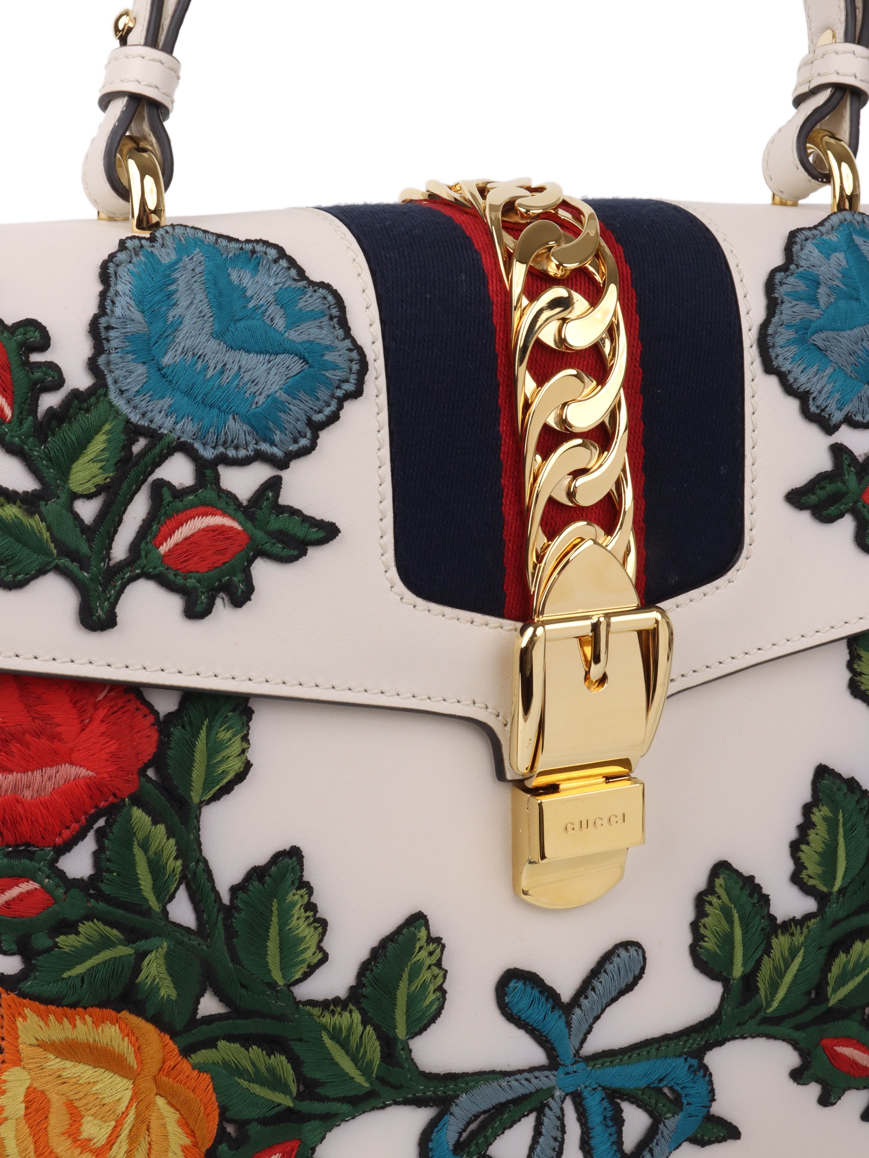 Gucci White Smooth Calfskin Leather Floral Embroidered Medium Sylvie Top Handle Bag for Women | Luxury Designer Handbag for Work, Party & Everyday Use