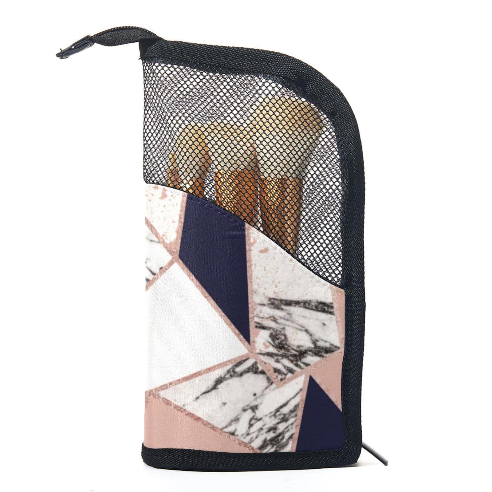 Premium 12-Piece Makeup Brush Organizer Bag - Geometric Blue Peach Marble Rose Design, Portable Travel Cosmetic Brush Holder Case for Professional Artists & Beginners | Perfect for Home Storage & On-the-Go Makeup Application