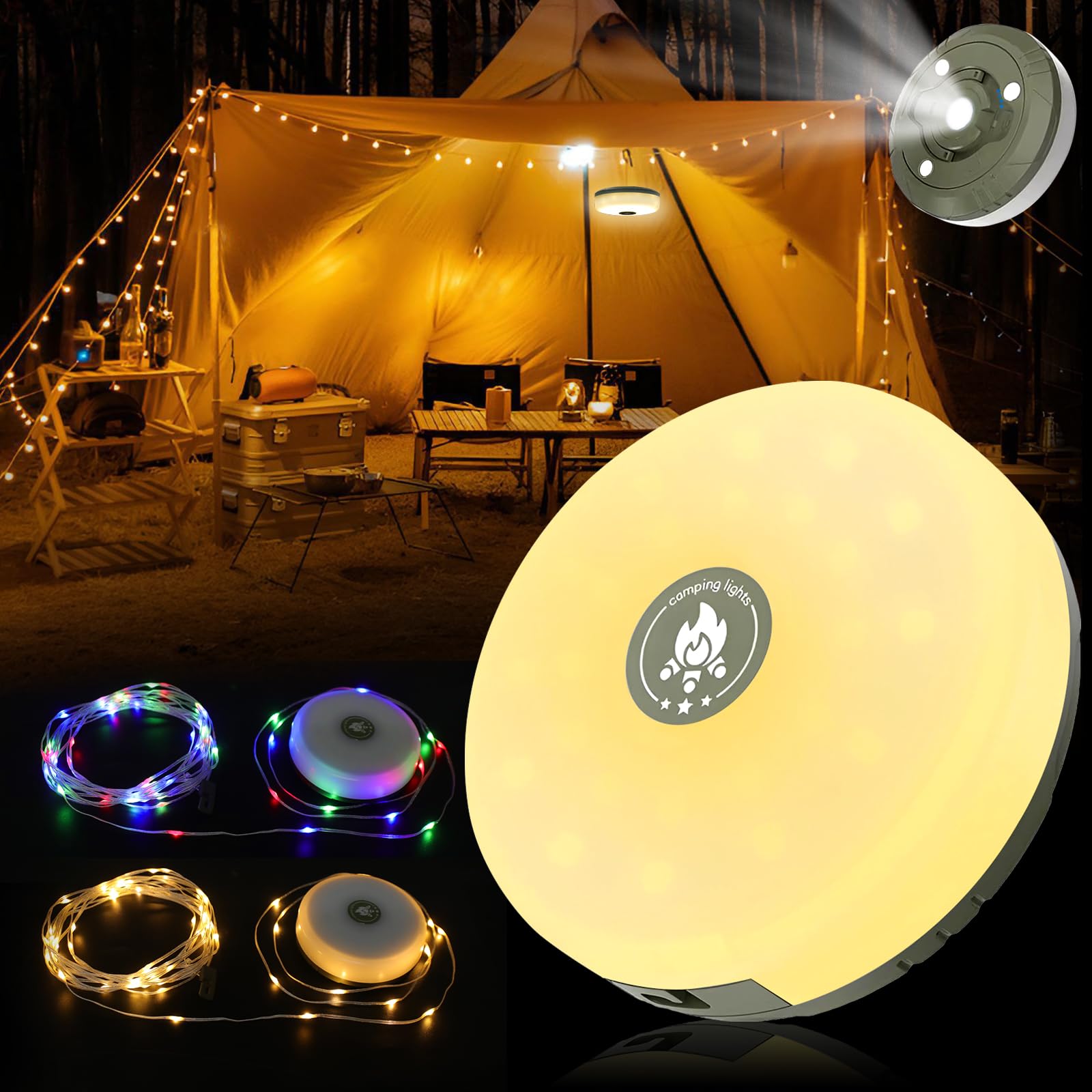 ZCOINS 3 in 1 Camping String Lights - 32.8FT Outdoor Waterproof RGB LED Lights with 8 Lighting Modes | USB Rechargeable Portable Lantern for Camping, Yard, Christmas Tree & Emergency Use | Perfect for Backyard Parties, Patio Decor and Holiday Lighting