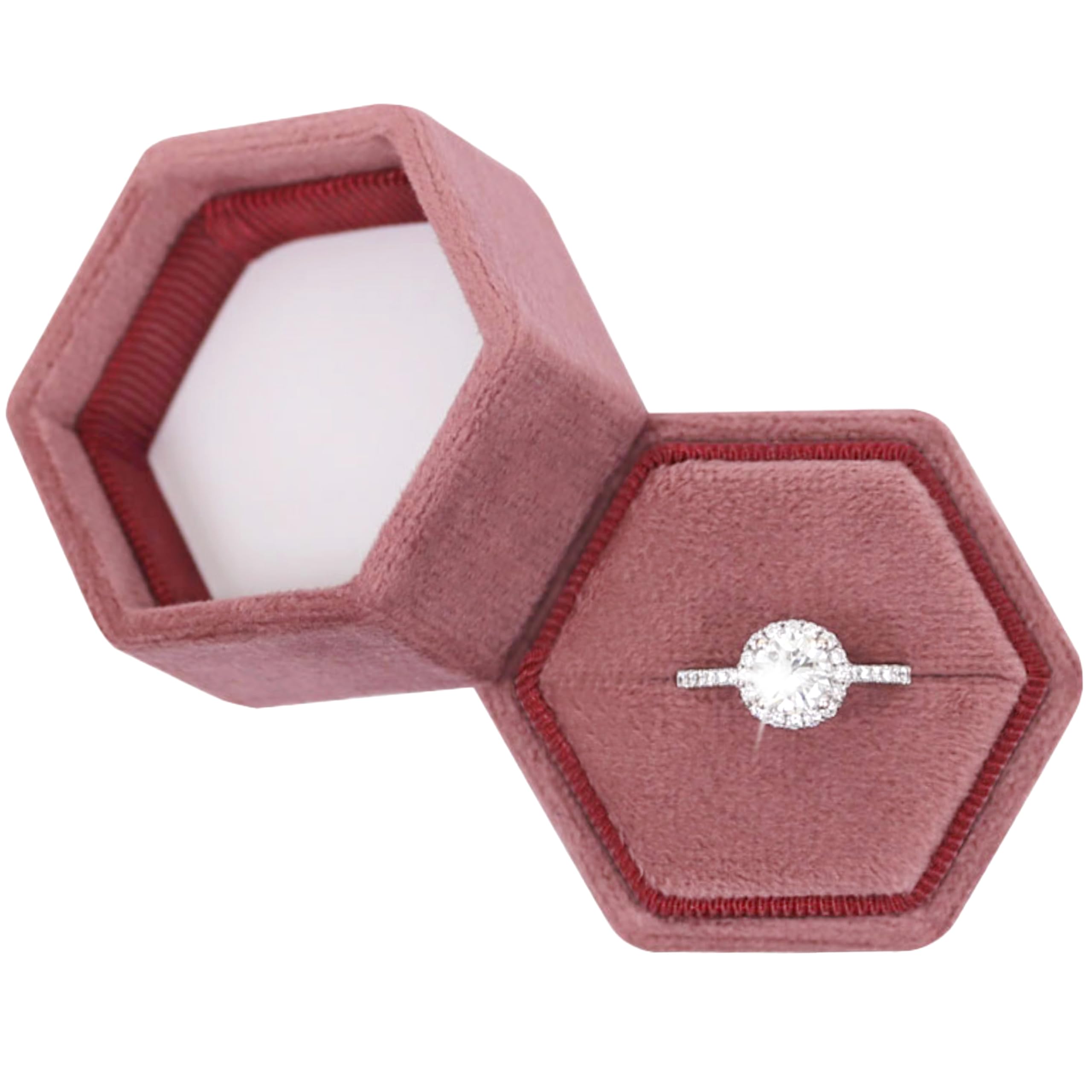 Hexagon Velvet Jewelry Box - Single Slot Ring Holder for Engagement, Wedding & Bridal Keepsake - Dusty Rose - Perfect for Proposal, Anniversary & Photo Display