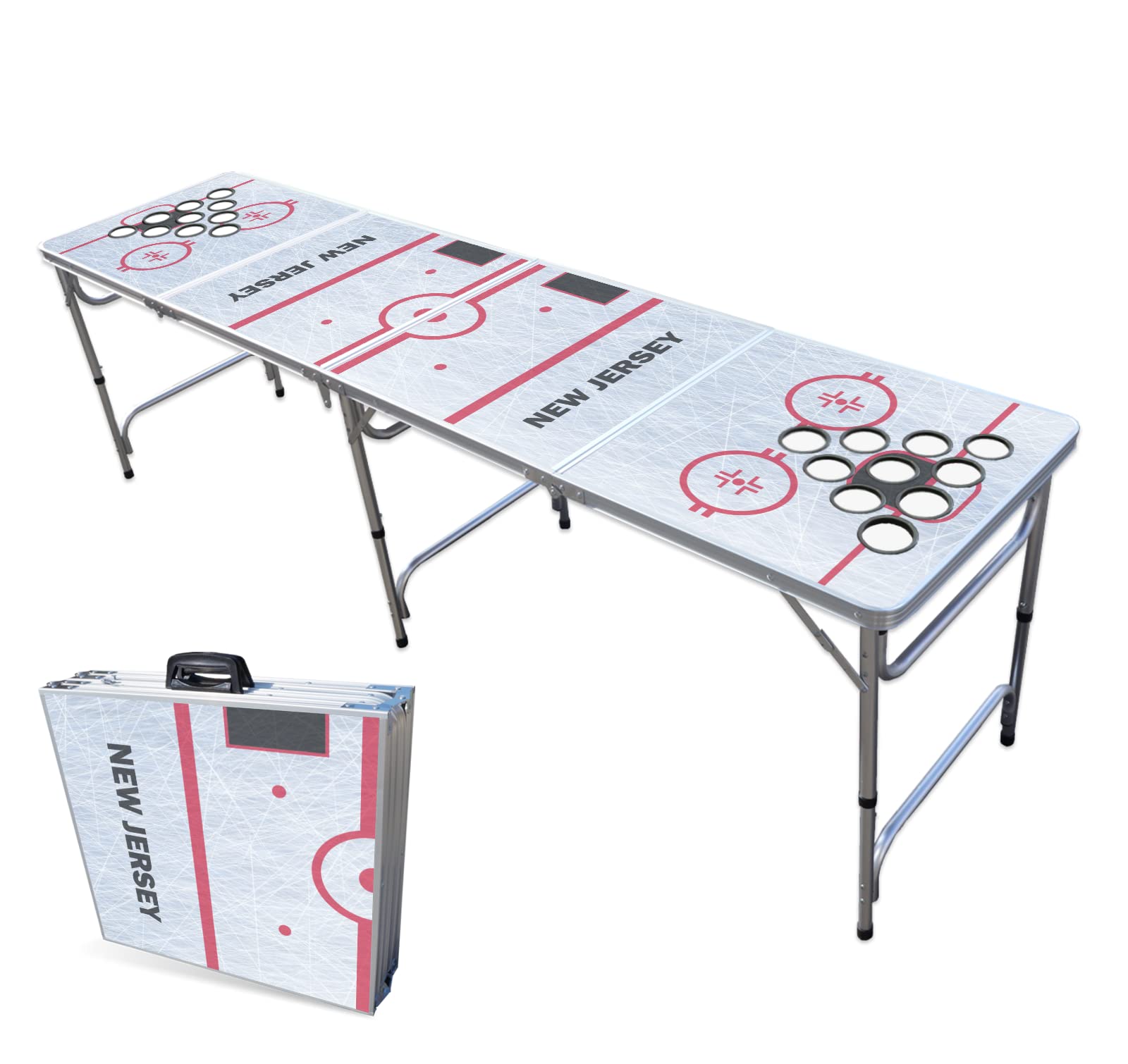8-Foot Folding Portable Beer Pong Table with LED Lights & Optional Cup Holes - Perfect for Parties, Tailgating & College Events - New Jersey Hockey Rink Design (Multiple Models Available)