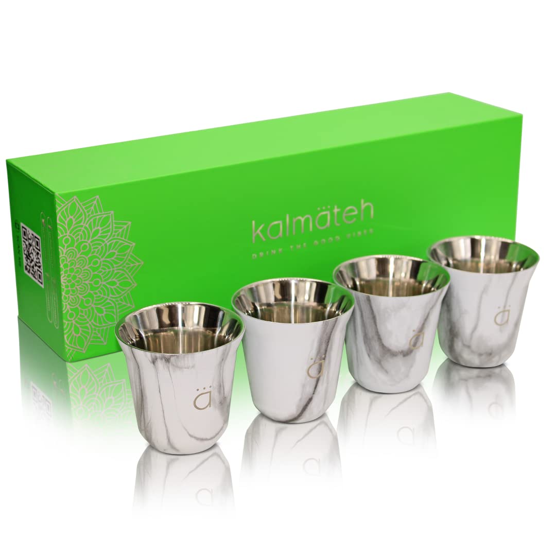Kalmateh 2.7oz (80ml) Heat Resistant Double Wall Insulated Stainless Steel Espresso Coffee Cups - Set of 4, Marble Design - Perfect for Home, Office & Coffee Shops