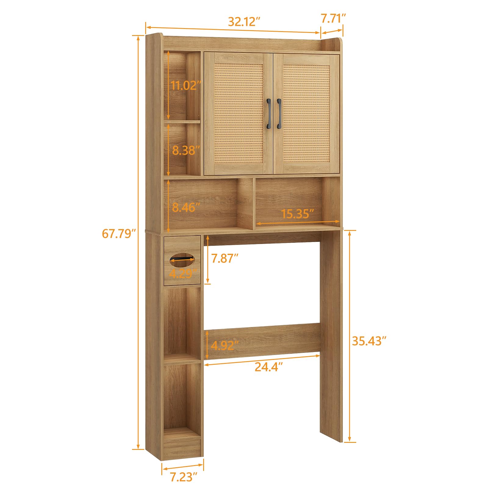 Farmhouse Rattan Storage Cabinet Over Toilet - 2 Door Bathroom Organizer with Toilet Paper Holder - Space Saving Oak Bathroom Cabinet for Small Spaces - Perfect for Bathroom Storage, Towel Rack & Toiletries Organization